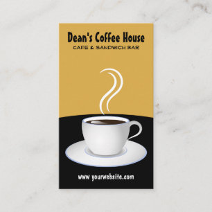 熱いコーヒー黒いおよびベージュカフェの白いコップ 名刺