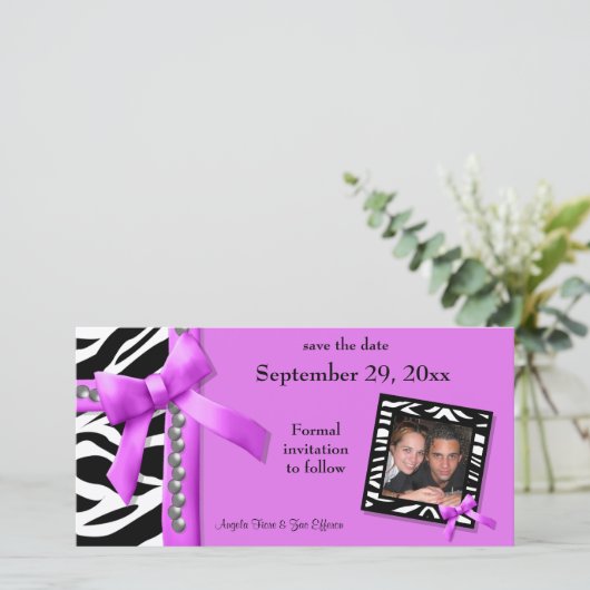 熱いピンクと白のゼブラの宝石は日付カードを保存 セーブザデート (スタンド正面)