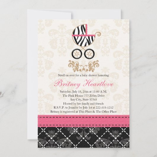 熱いピンクと黒のゼブラ車のベビーシャワー 招待状 (正面)