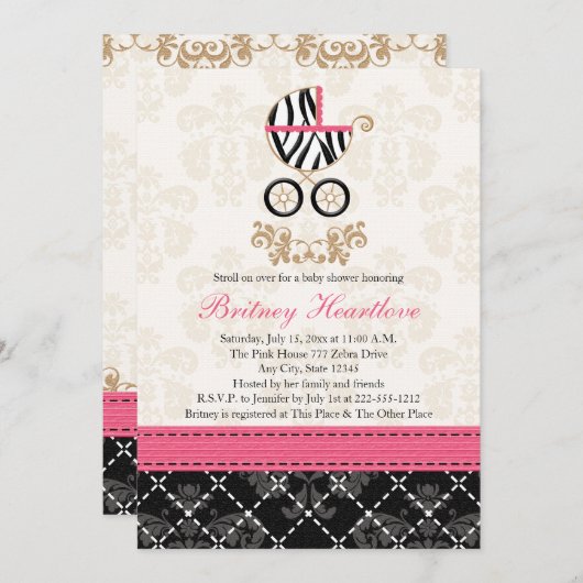 熱いピンクと黒のゼブラ車のベビーシャワー 招待状 (正面/裏面)