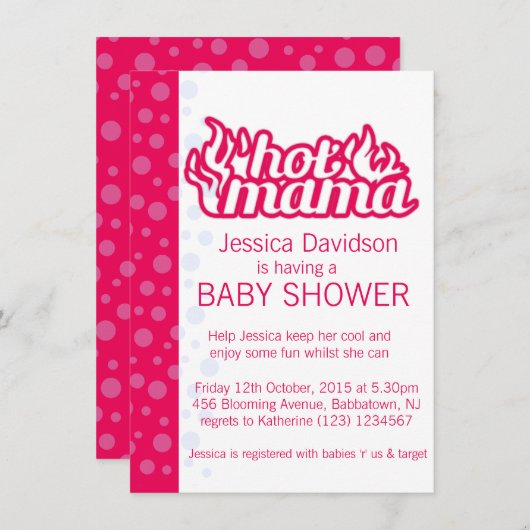 熱いママ赤ちゃんシャワー熱いピンクの青いドットの招待 招待状 (正面/裏面)