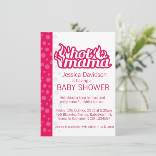 熱いママ赤ちゃんシャワー熱いピンクの青いドットの招待 招待状 (スタンド正面)