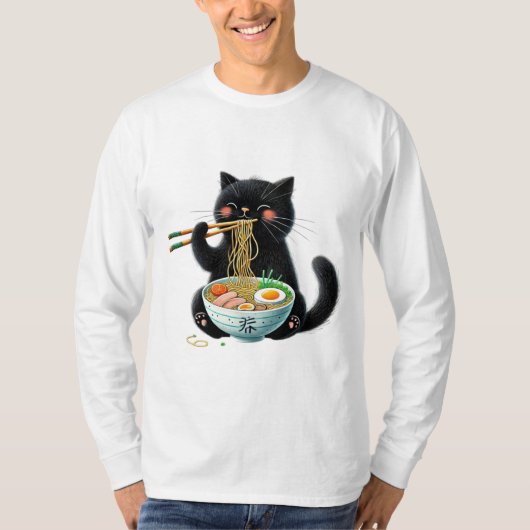 熱いラーメンを楽しんでかわいい猫 Tシャツ (正面)