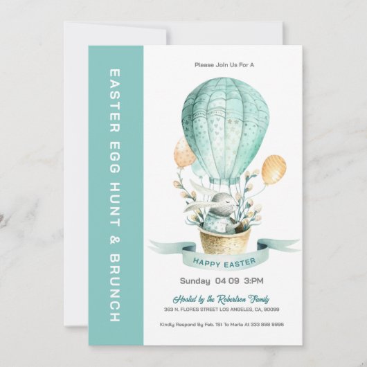 熱い気球の卵の狩りとブランチ招待状のバニー 招待状 (正面)