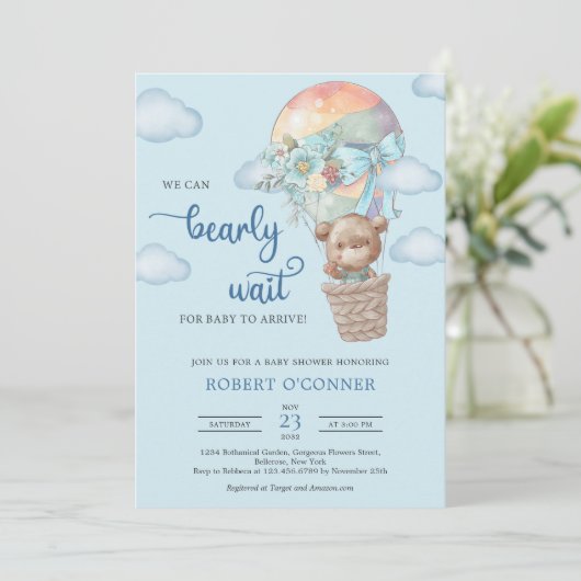 熱い気球の男の子の招待でテディベア 招待状 (スタンド正面)