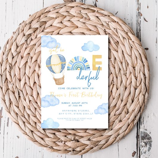 熱い気球は彼がonederful 1歳の誕生日ではない 招待状