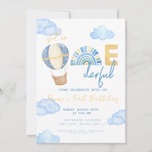 熱い気球は彼がonederful 1歳の誕生日ではない 招待状 (正面)