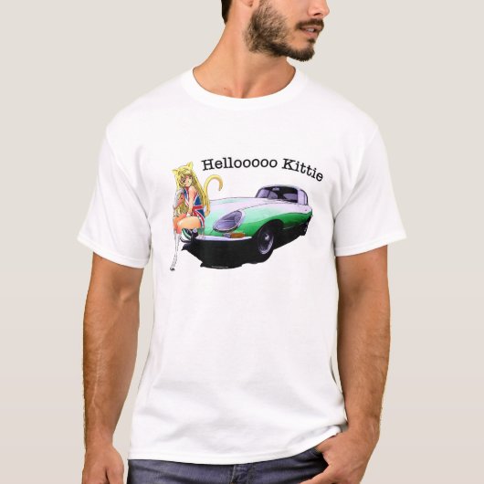 熱い猫の女の子が付いているEタイプのぎざぎざ Tシャツ (正面)