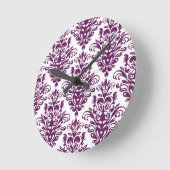 熱い紫色および白くエレガントなダマスク織パターン ラウンド壁時計 (傾斜)