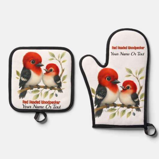 熱い赤毛頭のキツツキ 鍋つかみ&鍋敷きセット (正面)