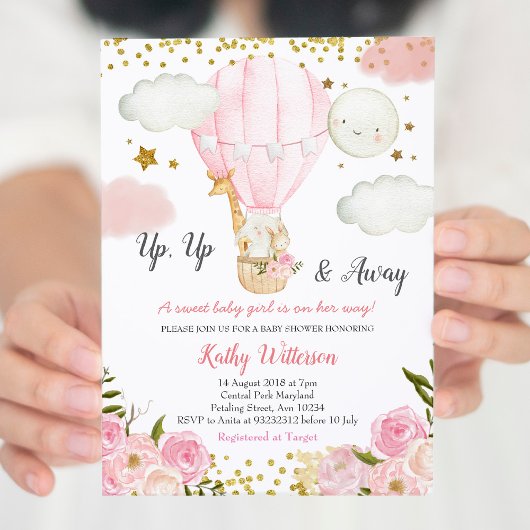 熱い風船のジャングル動物、少女のベビーシャワー 招待状