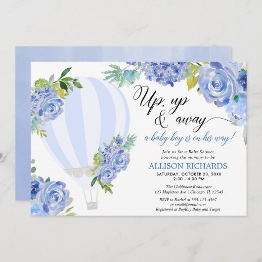 熱い風船を上に上げ、ボーイベビー遠くにシャワーを浴びる 招待状 (正面/裏面)