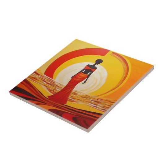 熱い黄色のオレンジ色の赤いアフリカの女性アート絵画ズ タイル (側面)