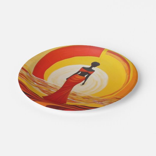熱い黄色のオレンジ色の赤いアフリカの女性アート絵画ズ ペーパープレート (アングル)