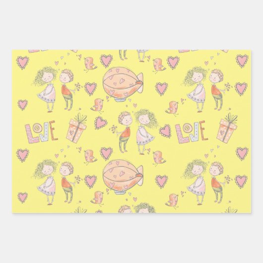 熱お洒落気球かわいいカップル愛の鳥 ラッピングペーパーシート (正面)
