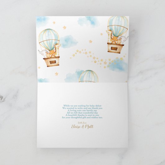 熱お洒落気球かわいい動物の赤ちゃんシャワー サンキューカード (内部)