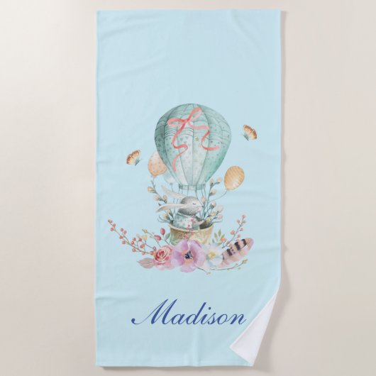 熱お洒落気球に乗るバニー ビーチタオル (正面)