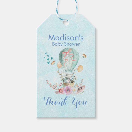 熱お洒落気球のシャワーに乗るバニー ギフトタグ (正面)
