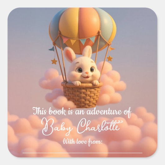 熱お洒落気球のバニー赤ちゃんシャワー スクエアシール (正面)