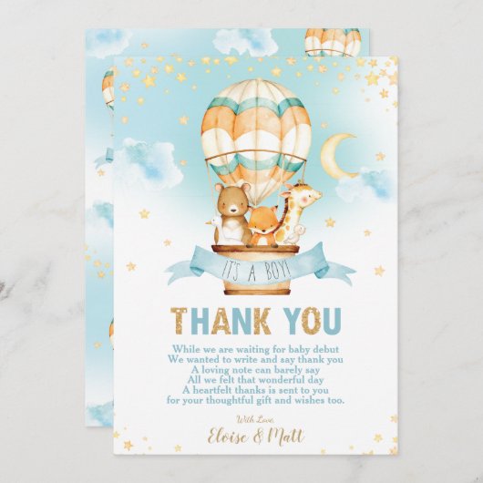 熱お洒落気球の赤ちゃんシャワーかわいい動物 サンキューカード (正面/裏面)
