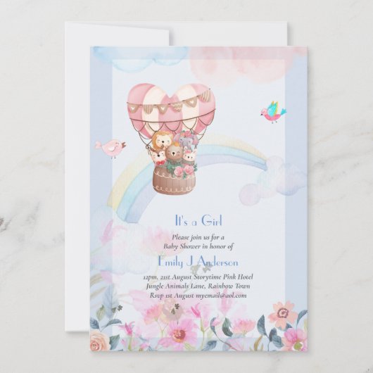 熱かわいらし気球の動物ベビーガールシャワー 招待状 (正面)