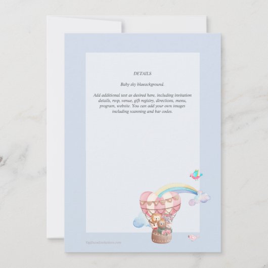熱かわいらし気球の動物ベビーガールシャワー 招待状 (裏面)