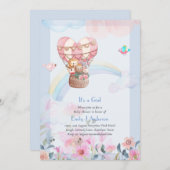 熱かわいらし気球の動物ベビーガールシャワー 招待状 (正面/裏面)