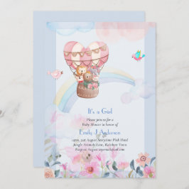 熱かわいらし気球の動物ベビーガールシャワー 招待状