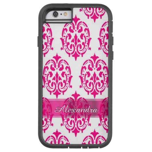 熱パーソナライズされたかわいらしピンクと白のダマスク Case-Mate iPhoneケース (裏面)