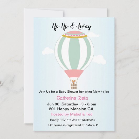 熱パーソナライズされた気球の赤ちゃんシャワー 招待状 (正面)