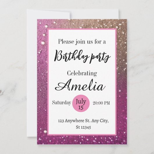 熱ファンシーガーリーピンク金ゴールドグリッター誕生日 招待状 (正面)