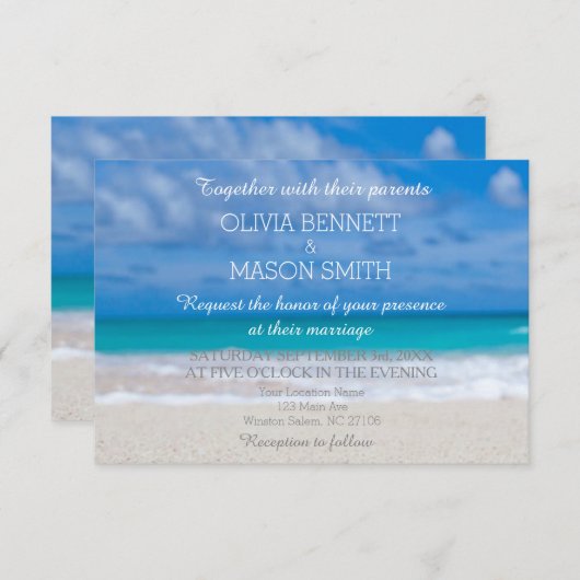 熱モダン帯ビーチ海の結婚カード 招待状 (正面/裏面)