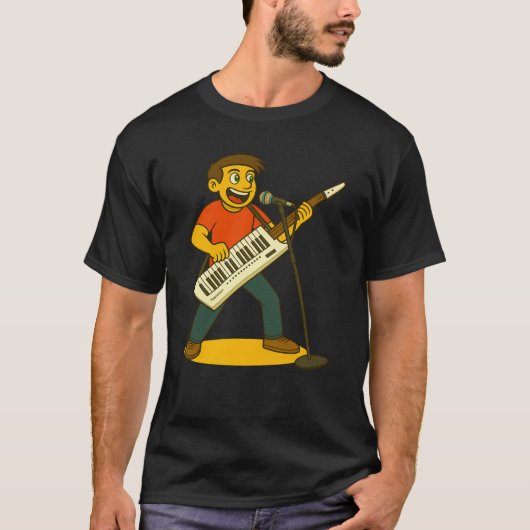熱唱しながらキーボードギターを演奏する男性 Tシャツ (正面)