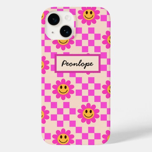 熱市松模様にいピンクの笑顔の花パーソナライズされた Case-Mate iPhoneケース (裏面)