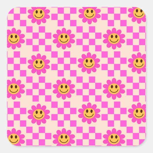 熱市松模様にピンクの笑顔の花模様 スクエアシール (正面)