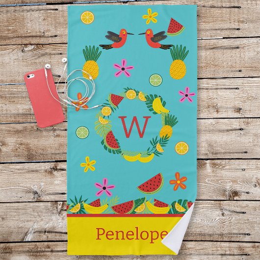熱帯おもしろいフルーツと花ビーチタオル ビーチタオル