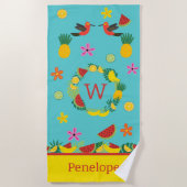 熱帯おもしろいフルーツと花ビーチタオル ビーチタオル (正面)