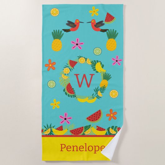 熱帯おもしろいフルーツと花ビーチタオル ビーチタオル (正面)