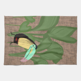 熱帯おもしろい鳥バナナの葉  キッチンタオル