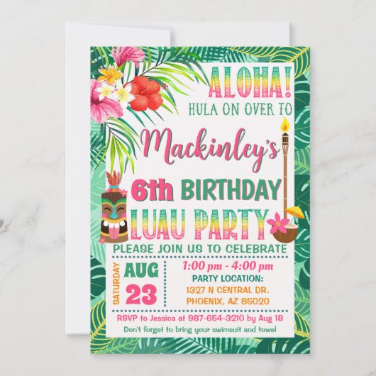 熱帯お祝いルアウ（ハワイ式宴会）パーティー誕生日 招待状 (正面)