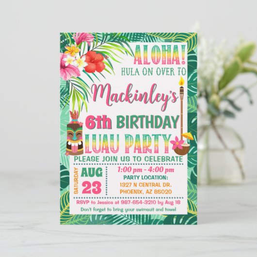 熱帯お祝いルアウ（ハワイ式宴会）パーティー誕生日 招待状 (スタンド正面)