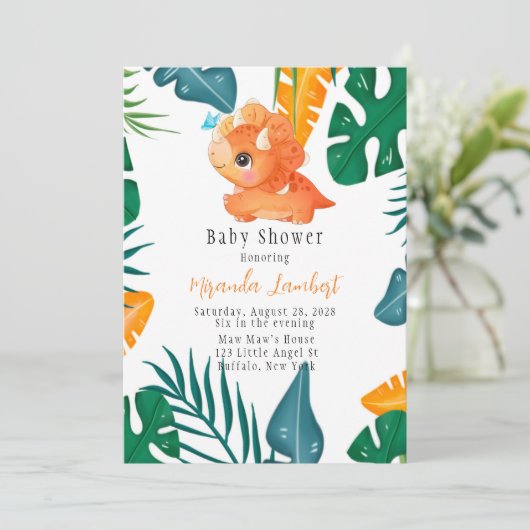 熱帯かわいいオレンジ色の恐竜の赤ちゃんシャワー 招待状 (スタンド正面)