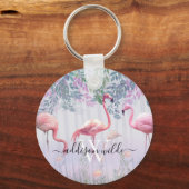 熱帯かわいい家族ピンクのフラミンゴスの水色。 キーホルダー (正面)