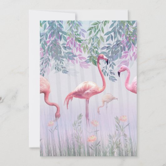 熱帯かわいい家族ピンクのフラミンゴスの水色。 招待状 (裏面)