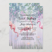 熱帯かわいい家族ピンクのフラミンゴスの水色。 招待状 (正面/裏面)