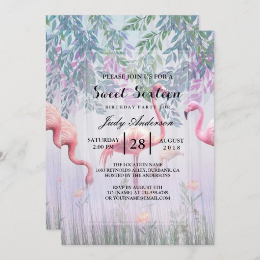 熱帯かわいい家族ピンクのフラミンゴスの水色。 招待状 (正面/裏面)