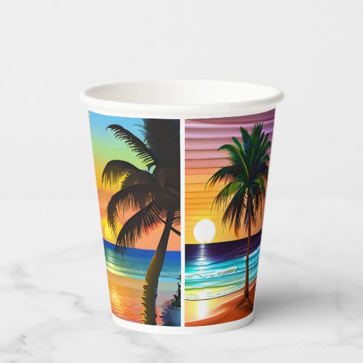 熱帯かわいらしのヤシの木と海の夕日 紙コップ (裏面)