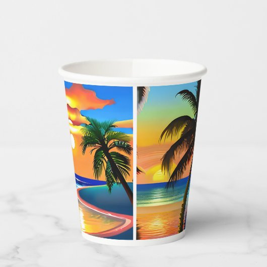 熱帯かわいらしのヤシの木と海の夕日 紙コップ (左)