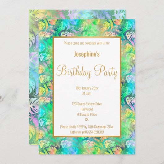 熱帯かわいらし椰子の葉誕生日招待状 招待状 (正面/裏面)