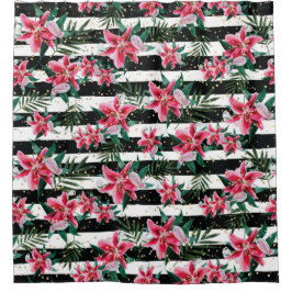 熱帯きらめくの花の白と黒のストライプ花 シャワーカーテン